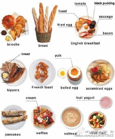 cereal麦片粥 jelly果酱 ham火腿 toast吐司 muffin松饼 cheese cake起司蛋糕 salad沙拉 Scrambled eggs炒蛋 Omelet煎蛋卷 Hash brown薯饼 Brownie布朗尼 Pancake烤薄饼 Donut甜甜圈 Baked bean甜豆 Creme corn奶油玉…