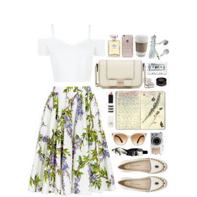 A fashion look from April 2015 featuring zipper crop top, floral printed skirt and white leather shoes. Browse and shop related looks.