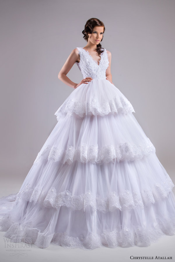 chrystelle atallah bridal spring 2015 sleeveless ball gown wedding dress tiered skirt lace trim婚纱 礼服 裙子 时尚 摄影