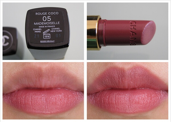 Chanel Rouge Coco - 05 Mademoiselle. dusty brownish pink, reads pretty plum on yellow skin.