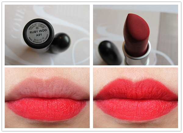 MAC Ruby Woo - retro matte 质地。非常干，不过涂上去了之后是很美好的颜色！挺亮的红色，比revlon true red 稍微冷一点，虽然质地是亚光的可是不会很土气~