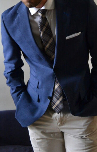 Blue blazer and khakis pants with a blue plaid tie