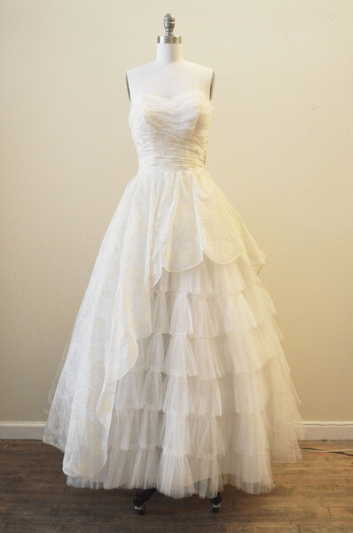 Vintage Bridal 1950's crinoline tulle and flocked organza dark ivory wedding gown with asymmetrical detail