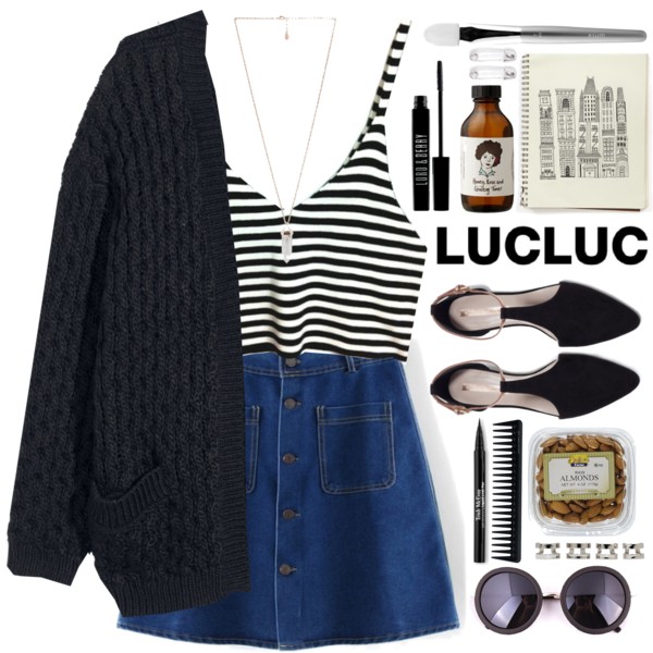 Top, skirt and sunglasses from www.lucluc.com : cropped tank top: http://www.lucluc.com/lucluc-white-and-black-striped-strappy-crop-top.html skirt: http://www.lucluc.com/lucluc-blue-denim-skirt-with-buttons.html sunglasses: http://www.lucluc.com/accessories/sunglasses/lucluc-animal-print-big-round-frame-sunglasses.html