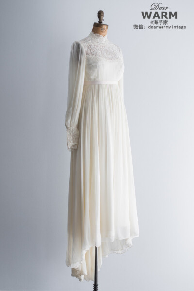  vintage 1960s 蕾丝风琴褶皱长袖古董婚纱/礼服
