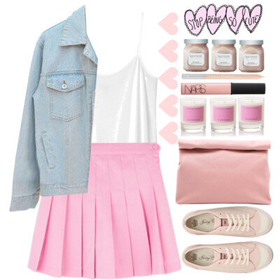 A fashion look from April 2015 featuring white tops, jean jacket and pleated skirt. Browse and shop related looks.