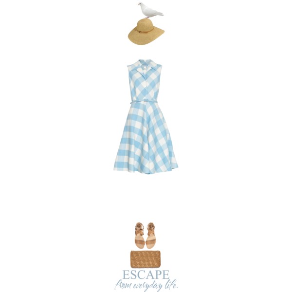 A fashion look from April 2015 featuring blue dress, flat sandals and beige purse. Browse and shop related looks.