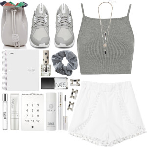 A fashion look from April 2015 featuring grey shirt, white shorts and white shoes. Browse and shop related looks.