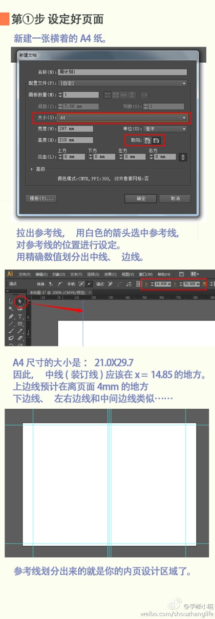 #手帐术# 【第②步：设计电子稿】小编习惯使用Illustrator（.ai）做矢量图设计，接下来是一个简单地AI小教程啦，只介绍了大家询问比较多的地方，有些小工具不知道怎么用的话可以度娘一下哦！当然你也可以使用你习惯的工具如CRD、PS、Word、Excel等进行设计~