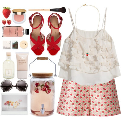 A fashion look from May 2015 featuring white vest, red shorts and red sandals. Browse and shop related looks.