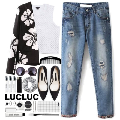 Jeans, blazer and glasses from www.lucluc.com : jeans: http://www.lucluc.com/bottoms/jeans/lucluc-lightwash-blue-ripped-turn-ups-jeans.html Blazer: http://www.lucluc.com/lucluc-black-floral-printed-lo…