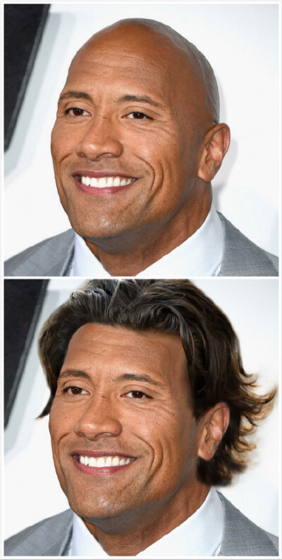 巨石强森，秃是一种硬汉的符号。哎我说PS的大哥敢给他挑个更好看点的发型吗？