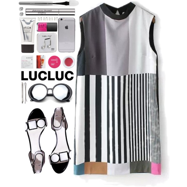 Dress, sandals and sunglasses from www.lucluc.com: dress: http://www.lucluc.com/lucluc-striped-sleeveless-open-back-dress.html sandals: http://www.lucluc.com/lucluc-white-fish-head-hollow-profiled-leather-sandals.html sunglasses: http://www.lucluc.com/lucluc-white-lenses-black-rim-round-lenses-sunglasses.html