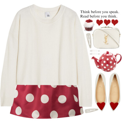 A fashion look from May 2015 featuring ivory cashmere sweater, polka dot skirt and white slip on shoes. Browse and shop related looks.