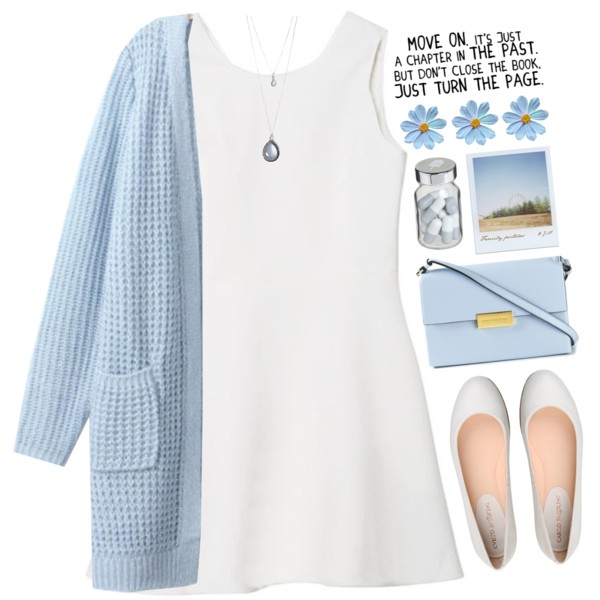 A fashion look from May 2015 featuring white dress, blue cardigan and leather shoes. Browse and shop related looks.