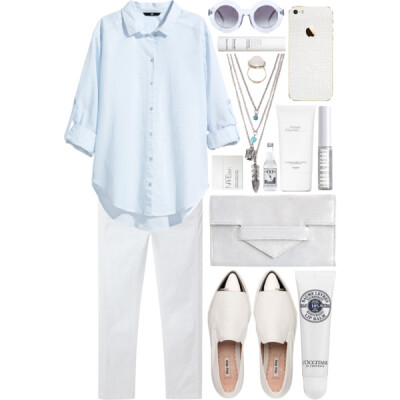 A fashion look from May 2015 featuring blue shirt, white skinny jeans and pointed toe flats. Browse and shop related looks.