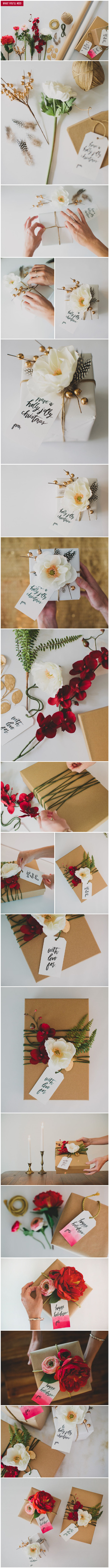 #婚礼回礼##礼物包装 DIY# 三种用丝绸绢花和牛皮纸设计出的礼品包装，漂亮又简洁。不要漏了可爱的DIY渲染标签