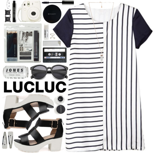 Dress, sandals and glasses from www.lucluc.com : dress: http://www.lucluc.com/lucluc-striped-scoop-short-sleeve-dress.html sandals: http://www.lucluc.com/accessories/shoes/lucluc-white-buckle-strap-heavy-bottomed-sandals.html sunglasses: http://www.lucluc.com/accessories/sunglasses/lucluc-black-v-mosaic-sunglasses.html