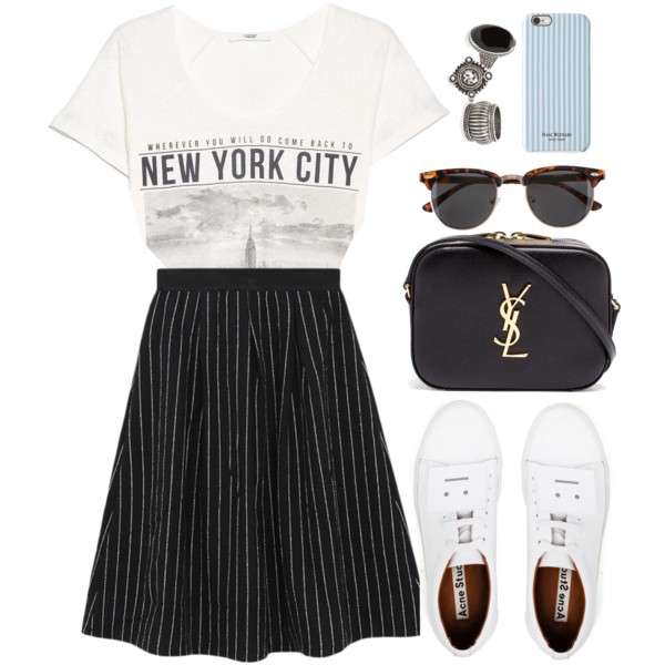 A fashion look from April 2015 featuring white cotton t shirts, black knee length skirt and patent leather sneakers. Browse and shop related looks.