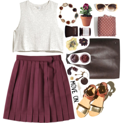 A fashion look from May 2015 featuring white tank, purple mini skirt and vegan handbags. Browse and shop related looks.