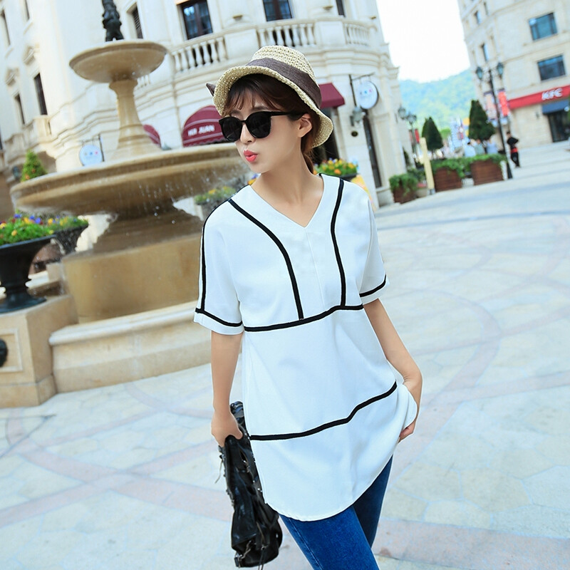 轩轩-2015夏装新款韩版宽松圆领套头圆领拼条纹气质时尚连衣裙