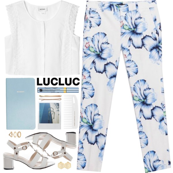 Pants and sandals from www.lucluc.com : printed pants: http://www.lucluc.com/bottoms/pants/lucluc-multi-flower-print-stretch-pants.html Sandals: http://www.lucluc.com/accessories/shoes/lucluc-white-studded-t-strap-sandals.html