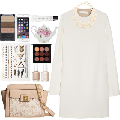 A fashion look from May 2015 featuring white overlay dress, chain purse and graduation jewelry. Browse and shop related looks.