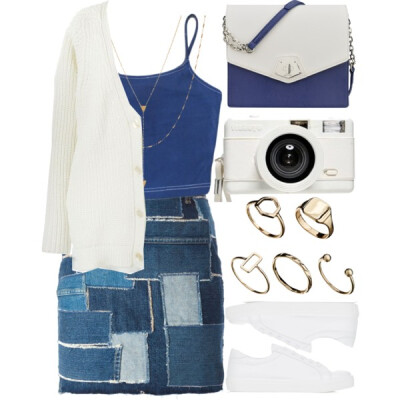 A fashion look from May 2015 featuring oversized cardigan, white crop top and blue skirt. Browse and shop related looks.