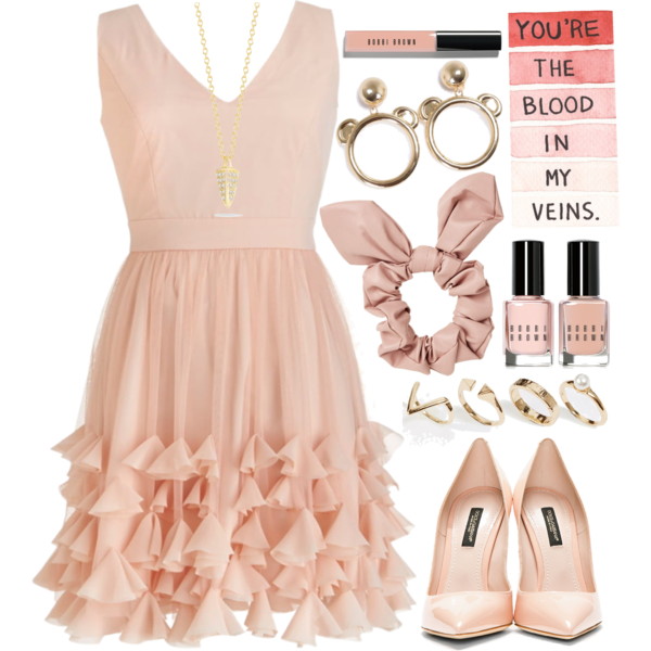 A fashion look from May 2015 featuring pink v neck dress, heels &amp;amp; pumps and Paper Dolls jewelry. Browse and shop related looks.