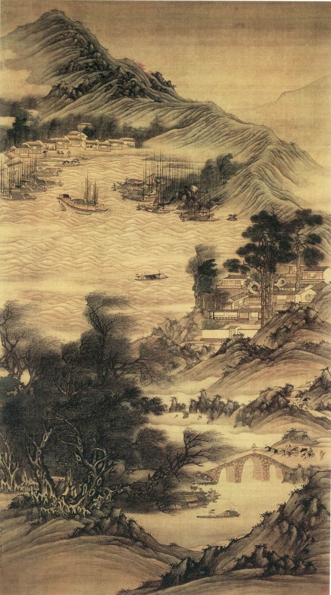 清 樊圻《江干风雨图》—— 纸本设色，72 × 146 厘米，现藏上海博物馆。此画绘江岸山峦层叠，树木繁茂，随风招展，山麓下树丛间，屋舍庭院错列，江水荡波，渔船往来；行人马匹神形俱足，别有风致，一派江南水村美景；布局精巧，用笔工整严谨而简练准确，设色明快绚丽，尽现江南水景风光。