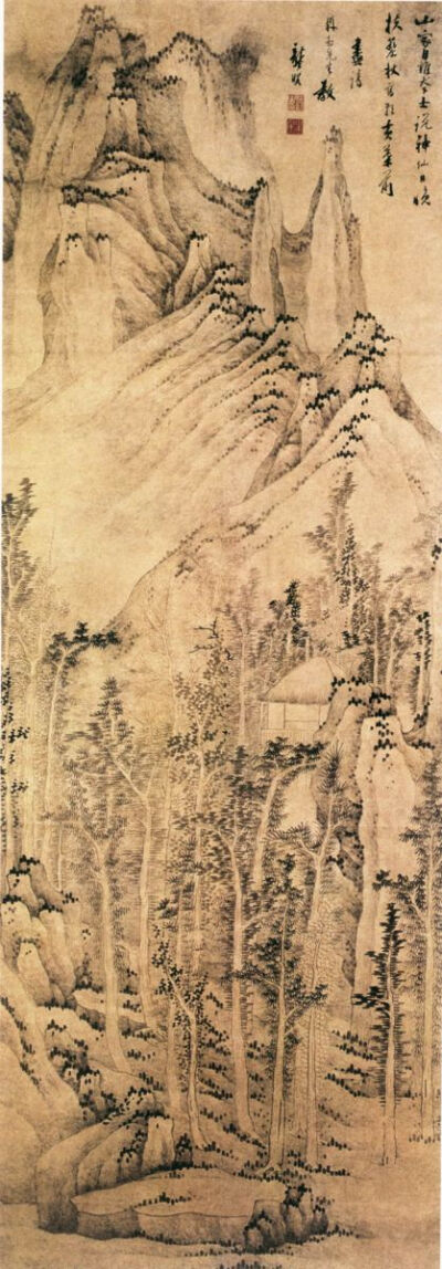 清 龚贤《山家黄叶图》—— 纸本墨笔，82.2 × 227.4 厘米，现藏旅顺博物馆。此画林木杂生，枝柯交错，山岭逶迤，奇峰突起，烟岚轻拂，清新淡雅，树丛山岩处，隐现茅屋；置景繁复而用笔疏简，以中锋乾笔渴墨勾勒为主…