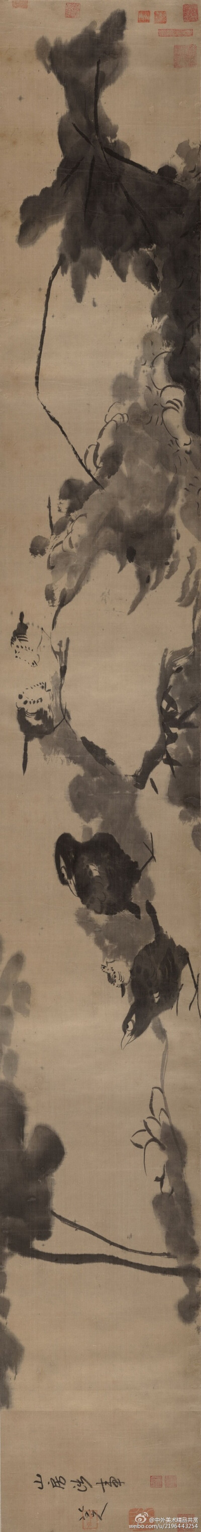 清 朱耷《蓮塘戲禽圖卷》——紙本水墨，27.3 × 205.1 釐米，現藏大都會藝術博物館。