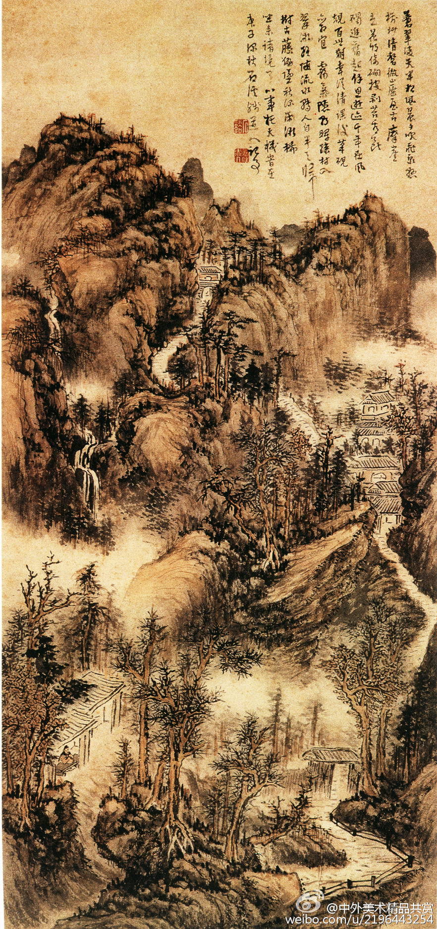 清 髡殘《蒼翠淩天圖》——紙本設色，40.5 × 85 釐米，現藏南京博物館。此畫崇山層疊，古木叢生，近處茅屋數間，柴門半掩，遠方山泉高掛，樓閣巍峨；山石樹木用濃墨描寫，乾墨皴擦，又以赭色勾染，焦墨點苔，遠山峰頂， 以少許花青勾皴，全幅景物茂密，奧境深幽，峰巒渾厚，筆墨蒼茫。