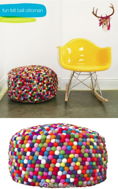 当无数个五颜六色的毛毡球在一起，他们可以组成杯垫、坐垫、花环、沙发、地毯......像一个像素点一样，可以组合画出无数东西啊！