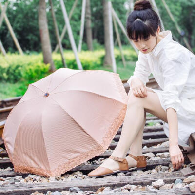 太阳伞防紫外线女叠晴雨伞创意刺绣条纹气质彩胶防晒遮光遮阳伞