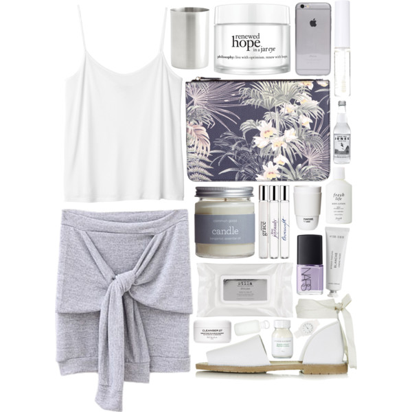 A fashion look from May 2015 featuring white tank, tie skirt and white flat sandals. Browse and shop related looks.