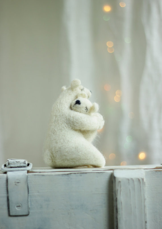 Christmas Dreamy White Bear With A Baby Bear -Needle Felt Art Doll - Withe Polar Bears : This little friends was born in Sofia a few days ago. They have snow white fur and black noses, while waiting for Santa they are sleeping on the