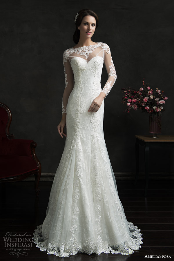 amelia sposa 2015 bridal teofila strapless wedding dress illusion long sleeve lace overlay婚纱 礼服 裙子 时尚 摄影