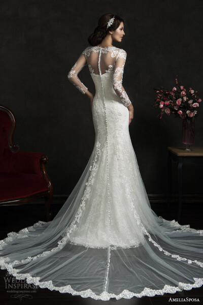 amelia sposa 2015 bridal teofila strapless wedding dress illusion long sleeve lace overlay back view train婚纱 礼服 裙子 时尚 摄影