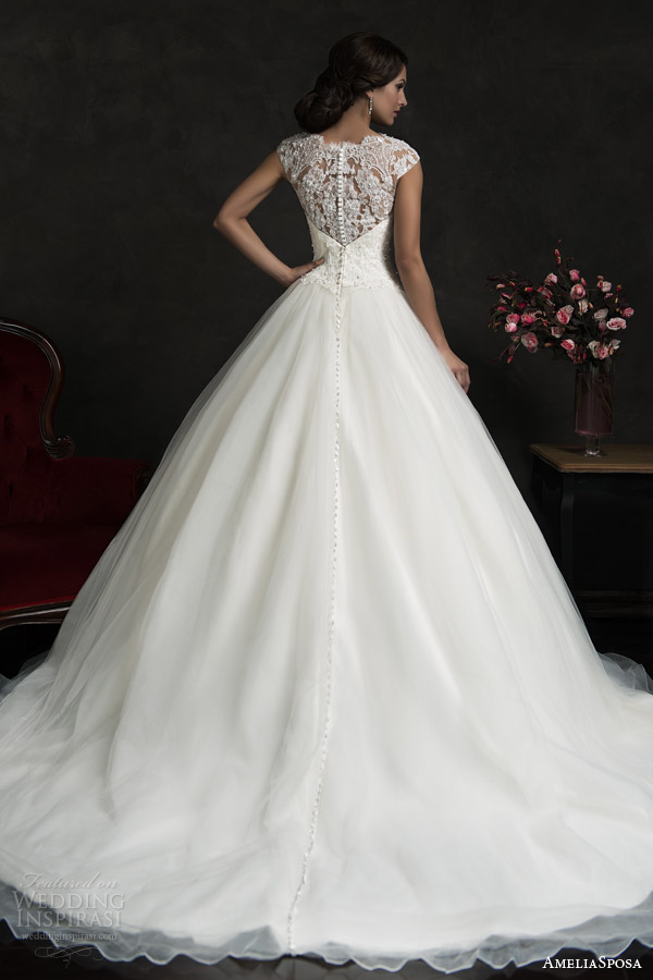 amelia sposa 2015 bridal monica lace bodice cap sleeve ball gown wedding dress back view train婚纱 礼服 裙子 时尚 摄影