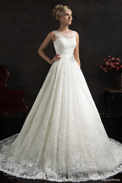 amelia sposa 2015 bridal maritza sleeveless a line lace wedding dress illusion neckline straps婚纱 礼服 裙子 时尚 摄影