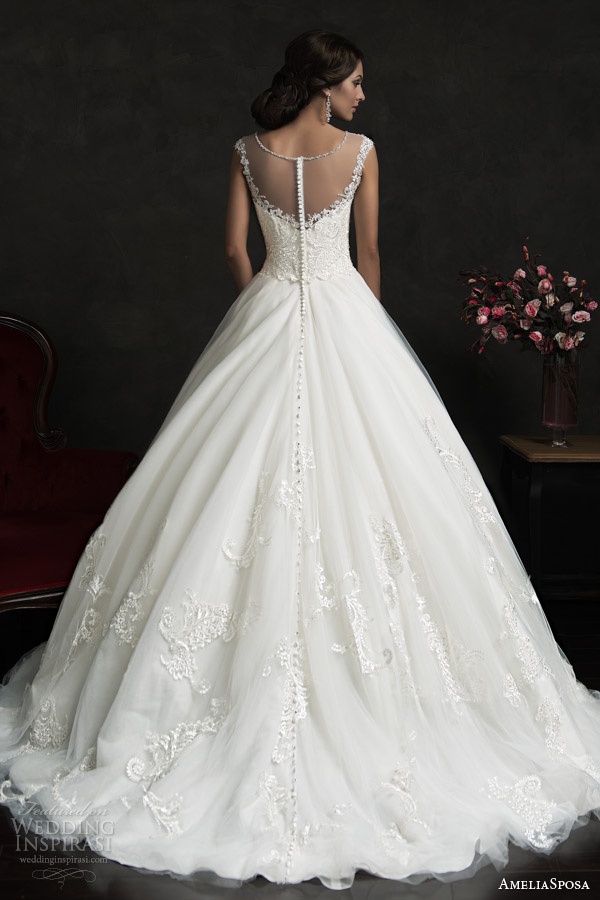 amelia sposa 2015 bridal luiza illusion neckline cap sleeve a line wedding dress back view婚纱 礼服 裙子 时尚 摄影