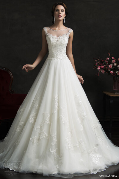 amelia sposa 2015 bridal luiza illusion neckline cap sleeve a line wedding dress婚纱 礼服 裙子 时尚 摄影