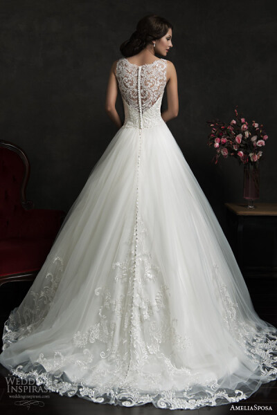 amelia sposa 2015 bridal elza sleeveless ball gown wedding dress illusion neckline back view train婚纱 礼服 裙子 时尚 摄影