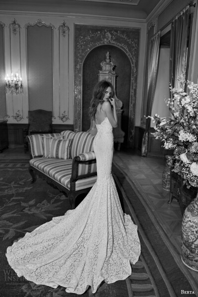 berta bridal fall 2015 lace sheath wedding dress sweetheart neckline back view train buttons婚纱 礼服 裙子 时尚 摄影