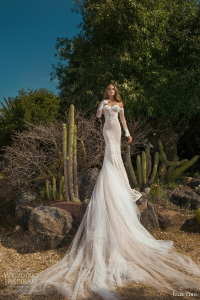 julie vino spring 2015 desert rose bridal collection martina wedding dress off shoulder illusion long sleeves full view train婚纱 礼服 裙子 时尚 摄影