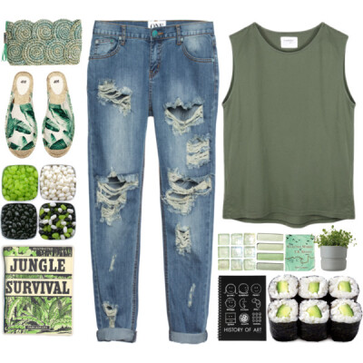 A fashion look from May 2015 featuring olive green tank top, ripped blue jeans and slipon shoes. Browse and shop related looks.