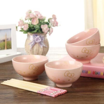 Hello Kitty韩式陶瓷碗8件礼品套装可爱卡通米饭碗汤碗面碗可微波
