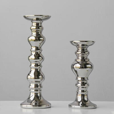 现代简约 北欧极简 电镀银色陶瓷烛台装饰品 高档家居样板间摆件