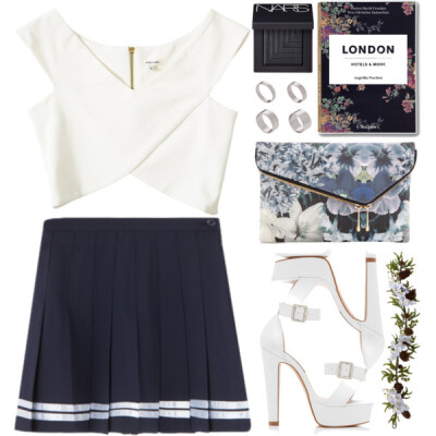 A fashion look from May 2015 featuring white tops, pleated skirt and white sandals. Browse and shop related looks.